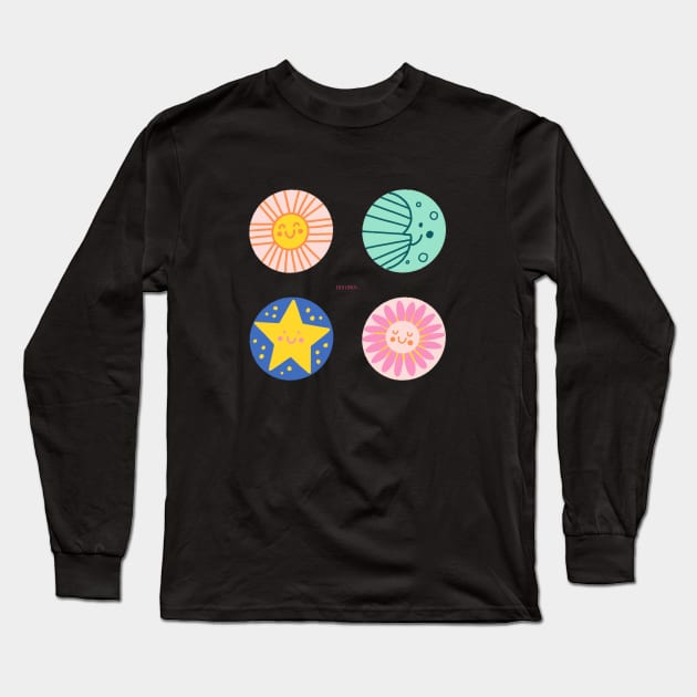 Sun + Moon+ Star + Flower Sticker Set Long Sleeve T-Shirt by ellolovey